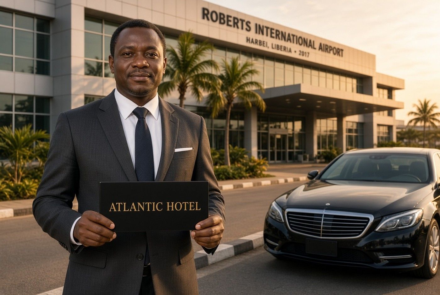 A chauffeur in a dark suit holding an Atlantic Hotel name board outside Roberts International Airport, beside a black saloon car