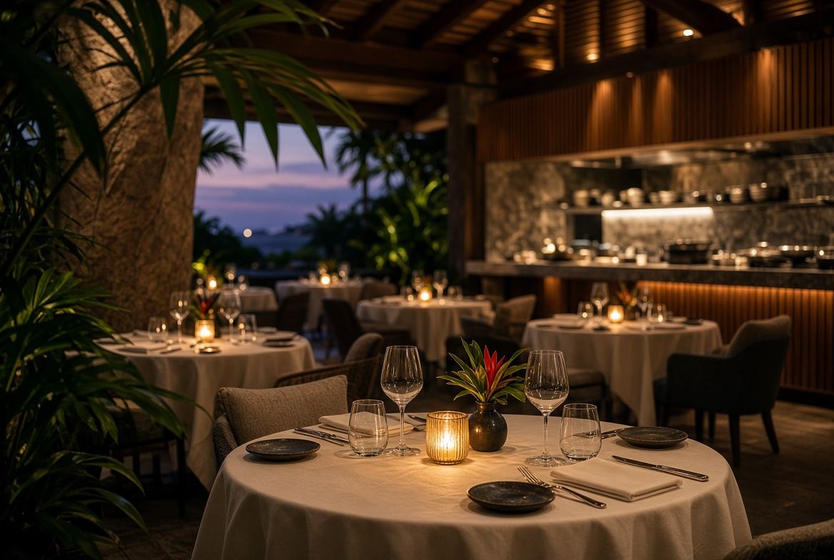 Tables set for dinner on the terrace at dusk